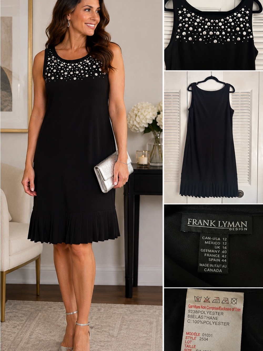 Frank Lyman Design Black Sleeveless Midi Dress with Beaded Yoke and Pleated Hem